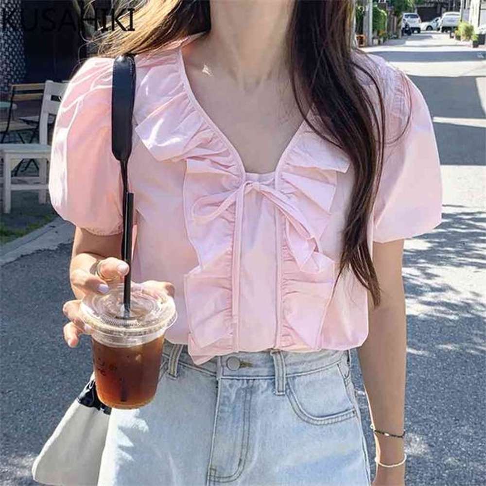sweet ruffle patchwork womens tops chic bow tie vneck puff