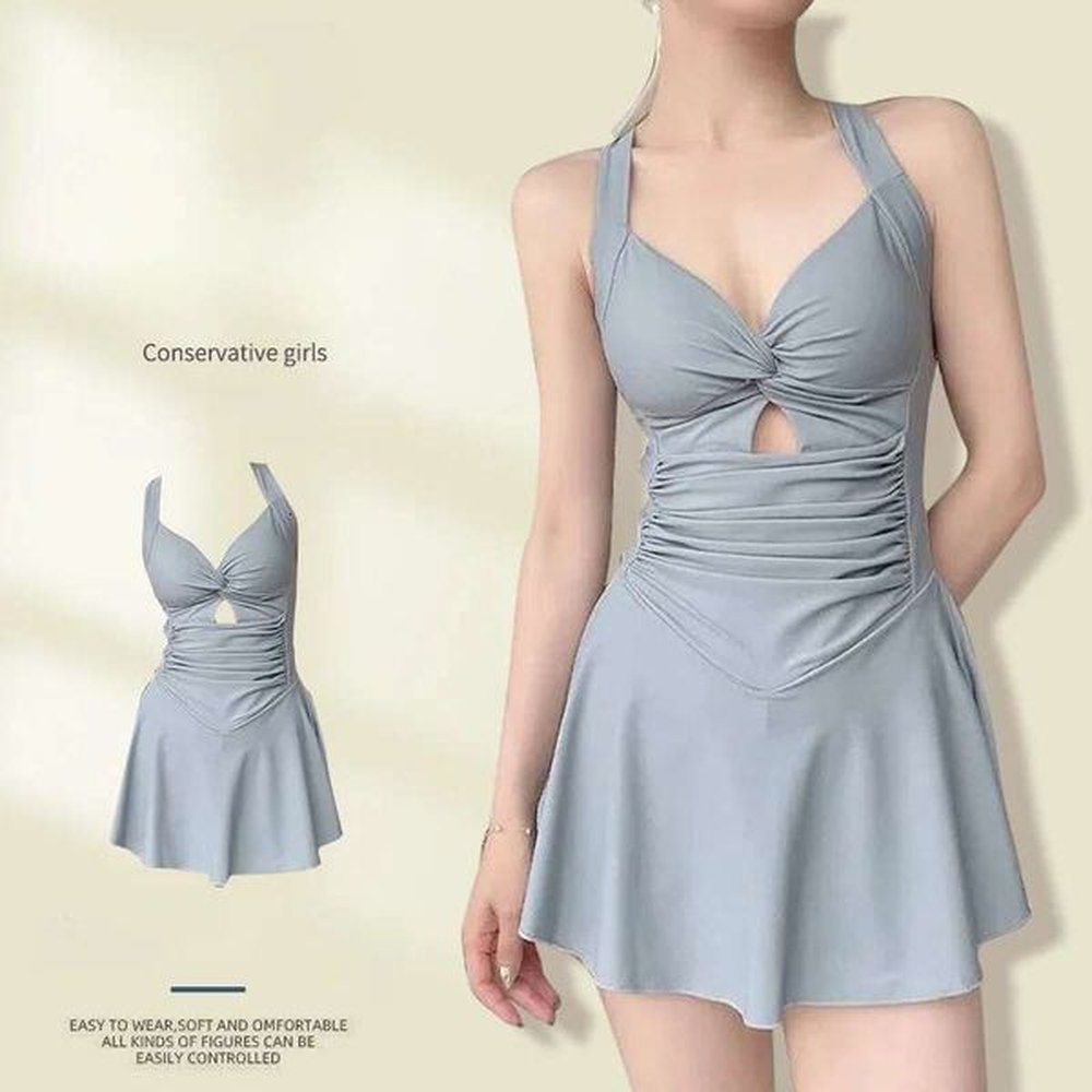 swimming suit for women solid color onepiece dress style conservative