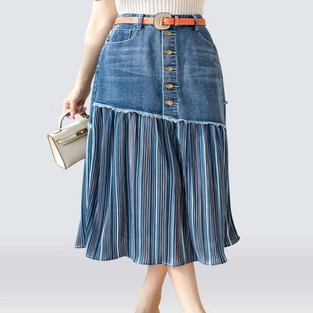sxl patchwork pleated jeans skirts women high waist ripped skirts
