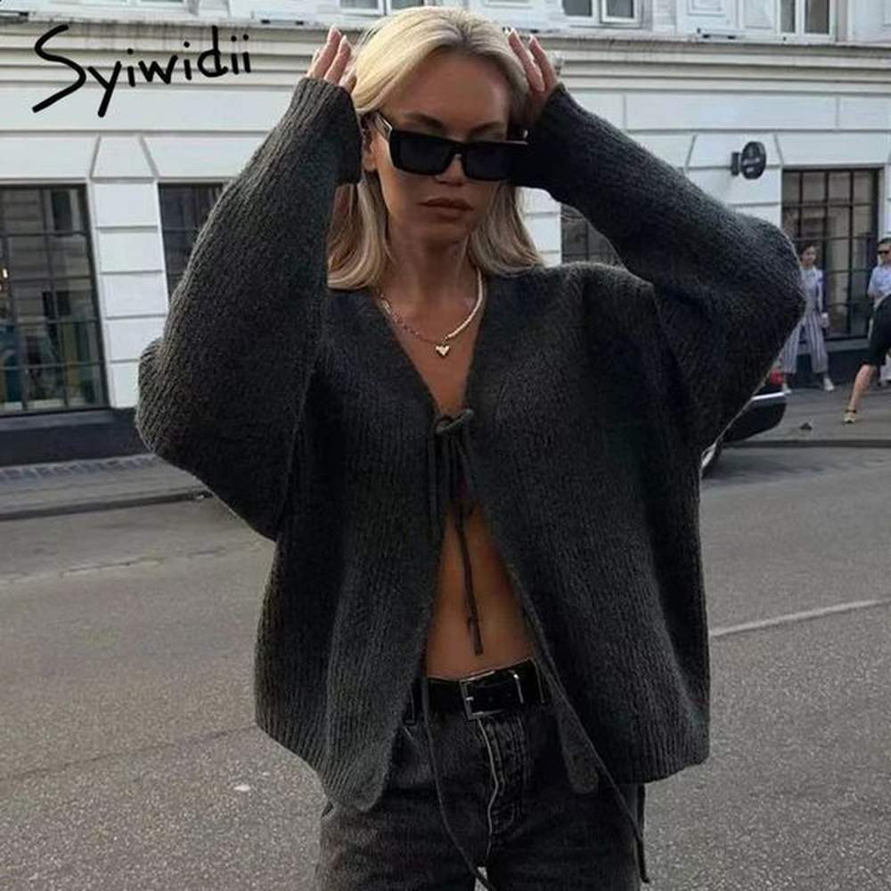 syiwidii elegant knitted sweater women hollow out lace up v
