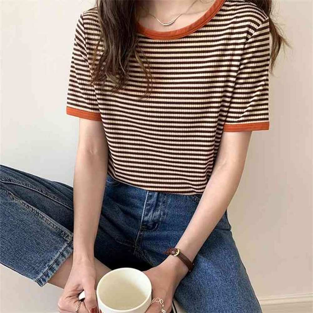 t shirt korean summer vintage patchwork striped soft knit simple