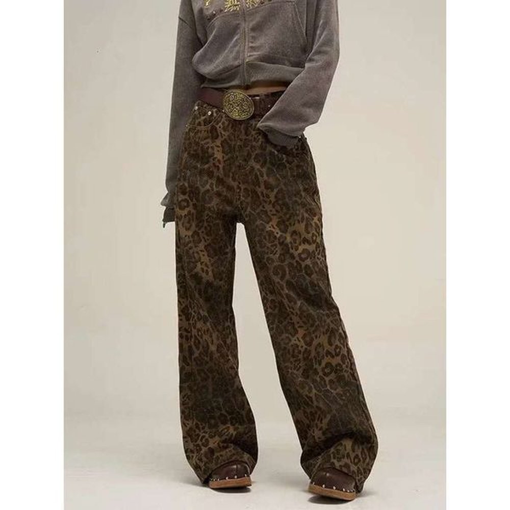 tan leopard jeans women denim pants female oversize wide leg