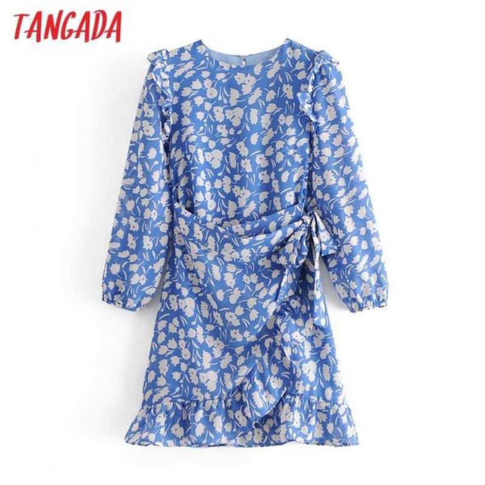 tangada fashion women blue flowers print chiffon dress long sleeve
