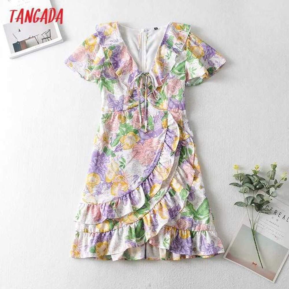tangada summer women purple flowers print ruffles chiffon dress short