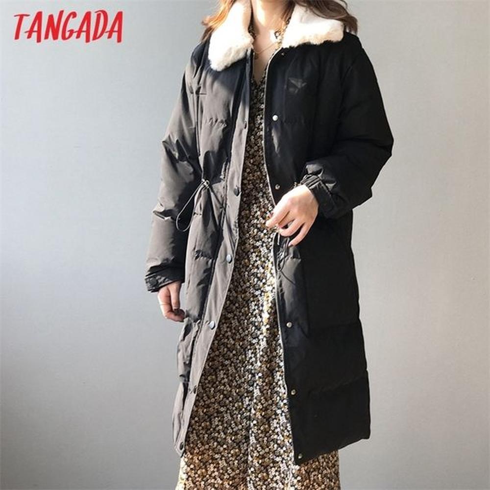 tangada women fur collar oversize long parkas thick winter long