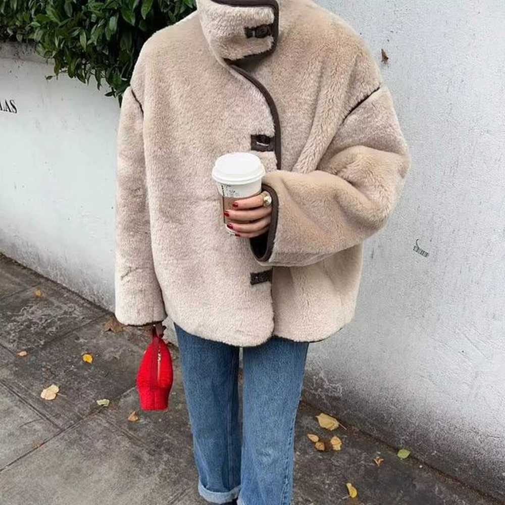 taop za new winter womens clothing contrasting color trim fleece
