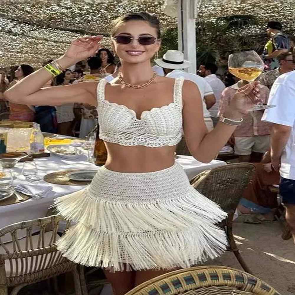 tassels crochet beach mini skirts women pieces set hollow