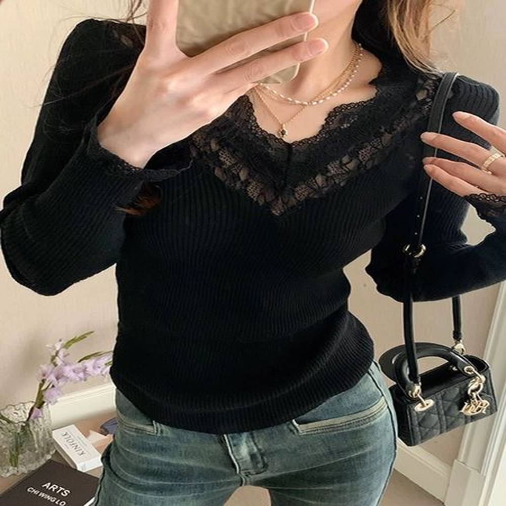 temperament lace splicing vneck fine wool knitted base for womens