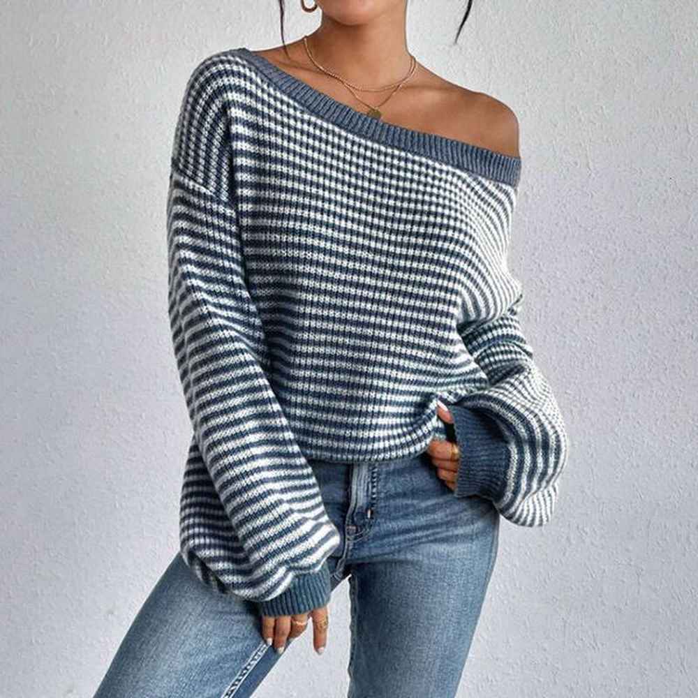 temperament one word neck spring and autumn sweater stripe contrast