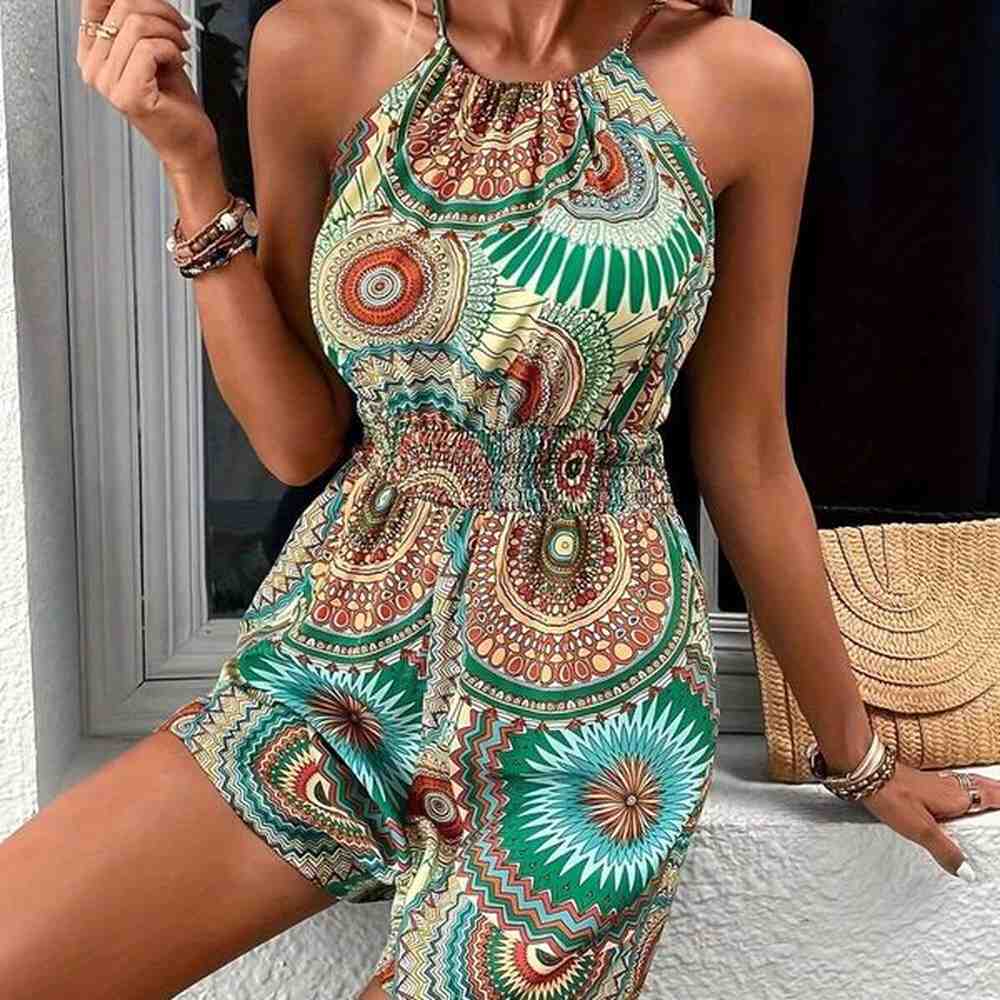 temu summer womens lace up waist printed hanging neck