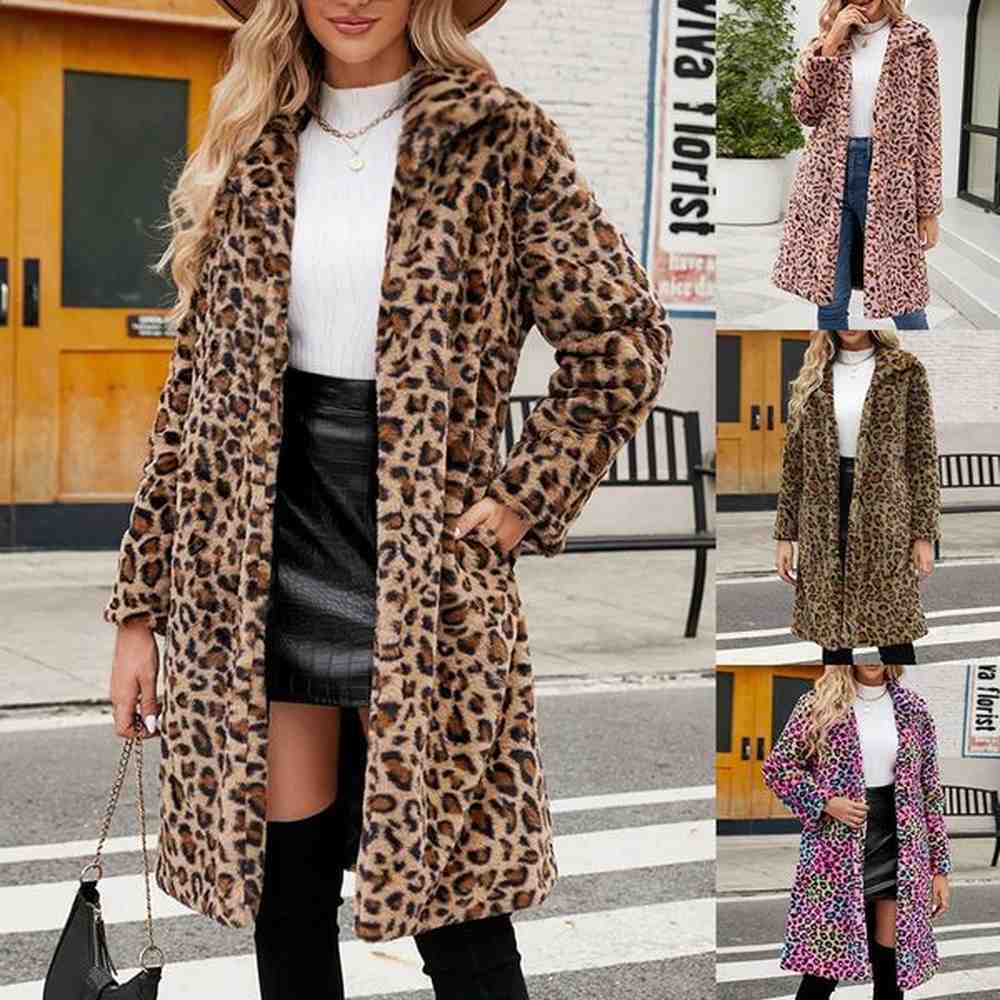 the winter leopard print fur wool lapel plush coat long