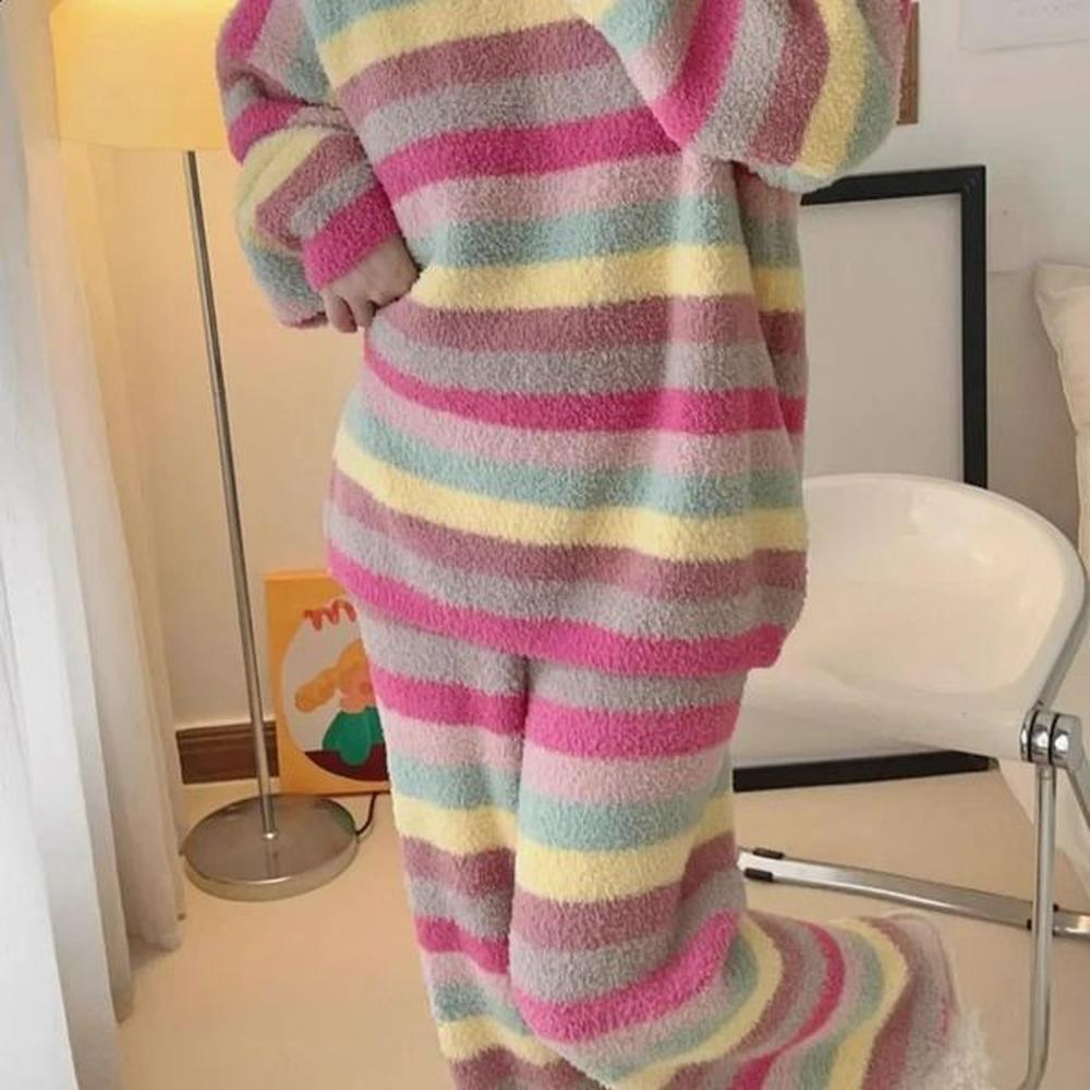 thick rainbow striped coral velvet womens pajamas internet celebrity cute