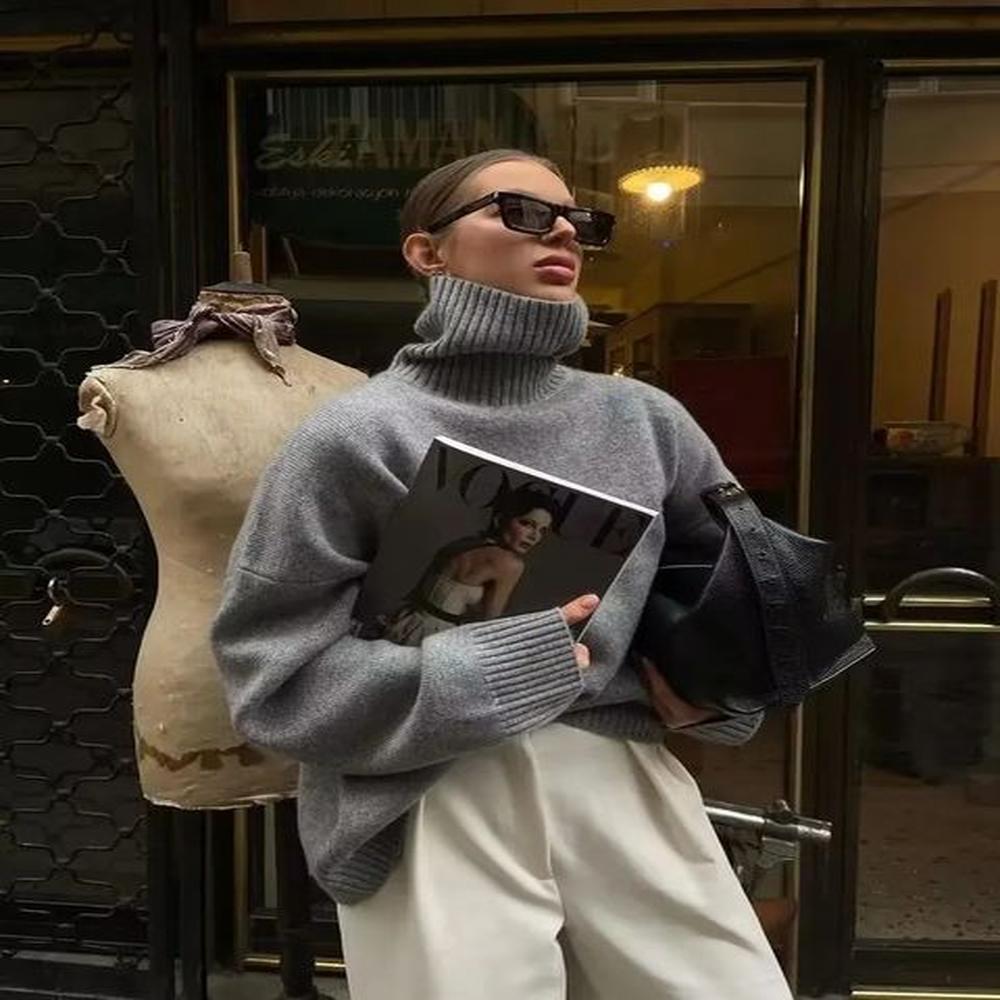 thick turtle neck pure cashmere sweater for women loose