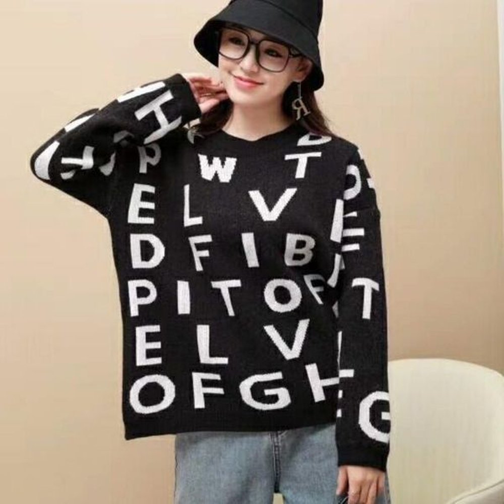 thicken knitted sweater women long sleeve letter print pullover loose