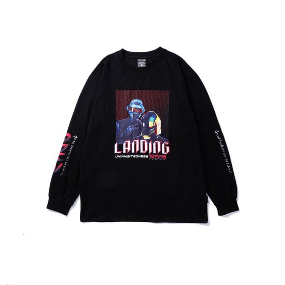 Tide Brand Space Robot Element Printing Lovers Pullover Unlined Upper Garment Pure Cotton Long Sleeve Round Neck T Shirt