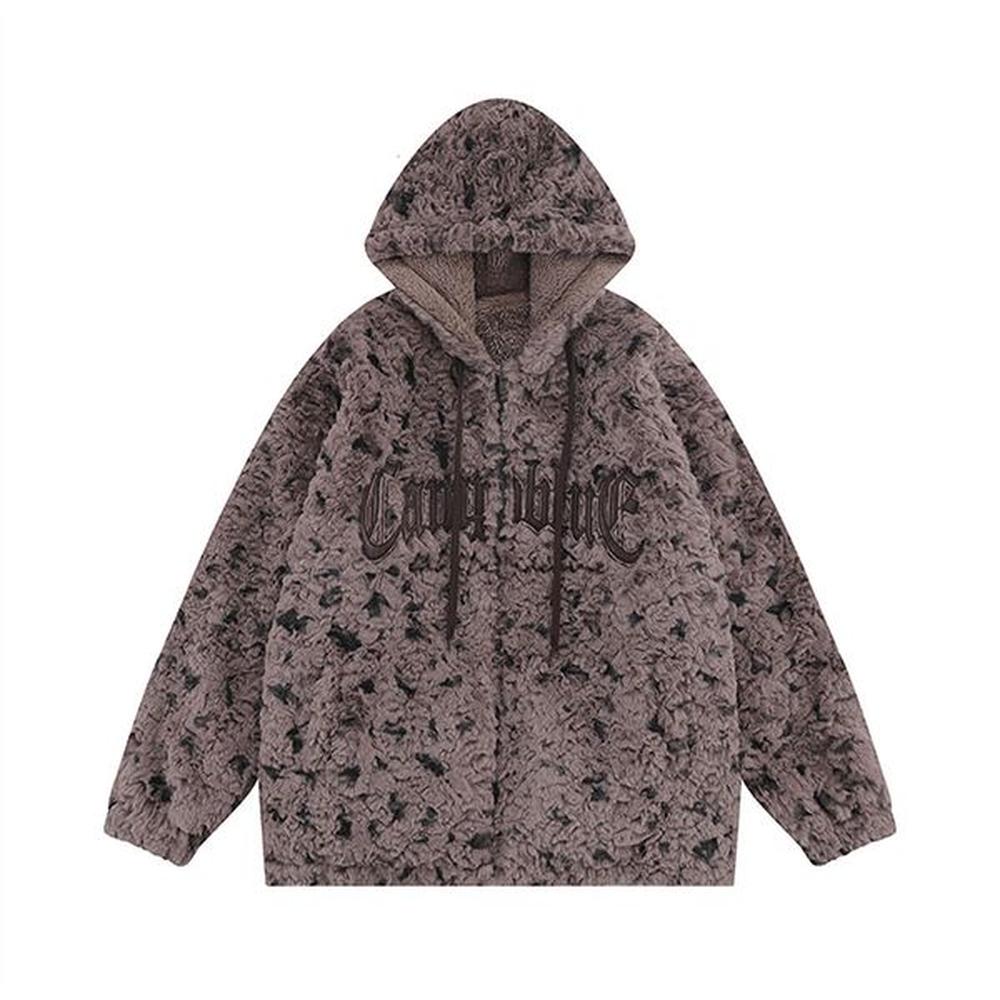 Tie dye leopard print lamb wool hooded jacket, trendy brand winter fleece men's clothing, Gothic letter imitation rabbit fur warm cotto