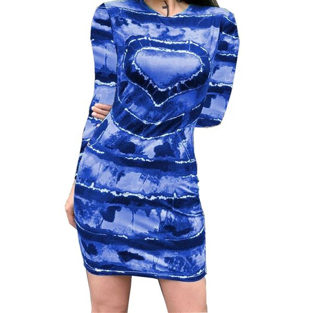 tie dye print long sleeve bodycon dress women elegant o