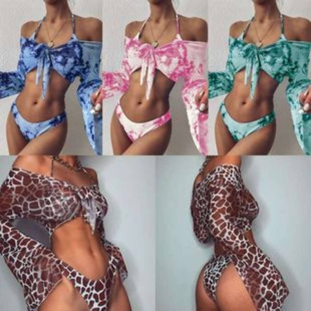 tie dyed womens split swimsuit sexy long sleeve three