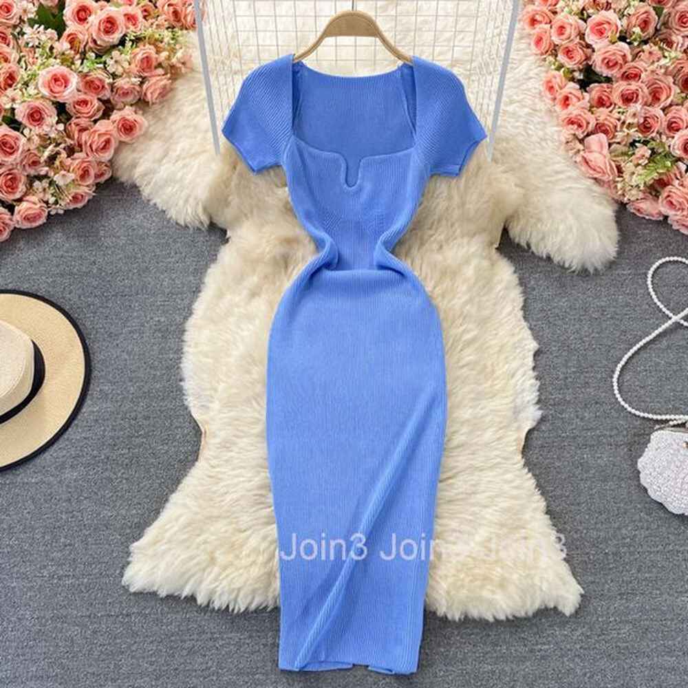 tight and slim square neck knitted dress short sleeve ss