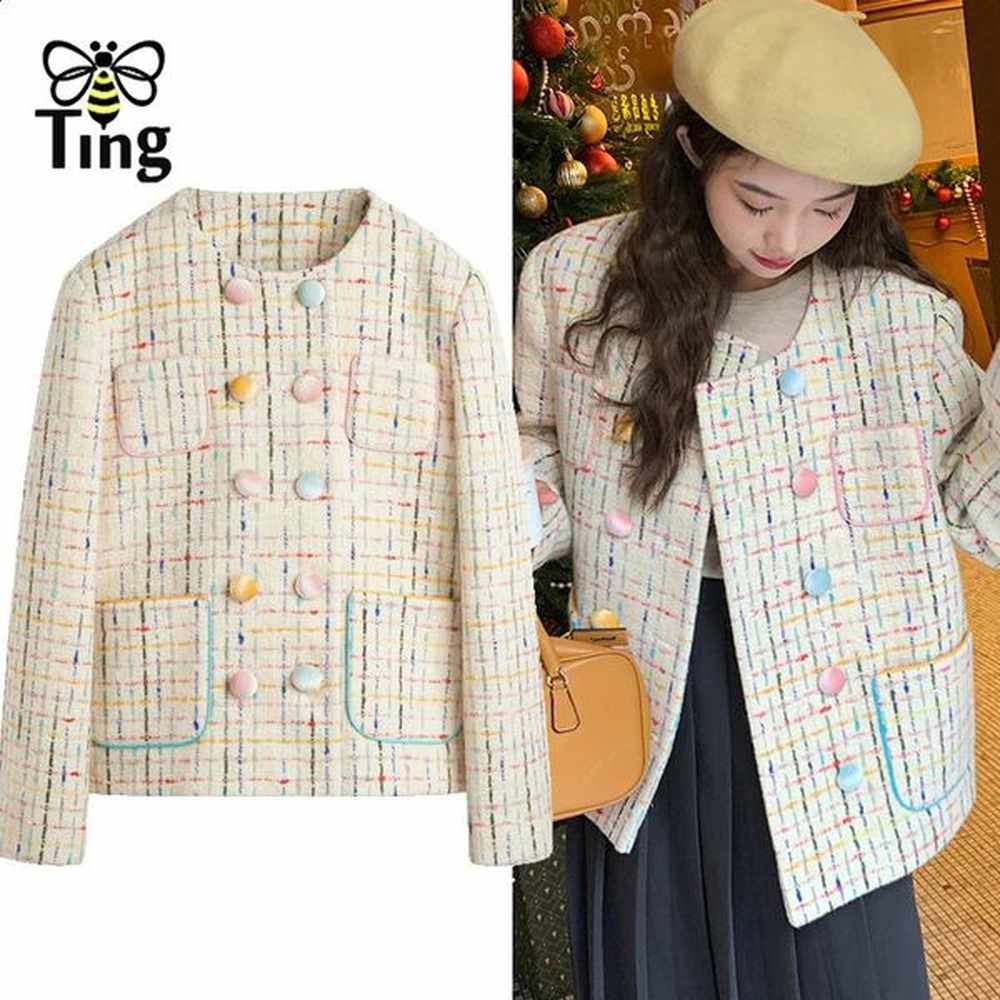 tingfly winter autumn double breasted tweed jacket coats france chic