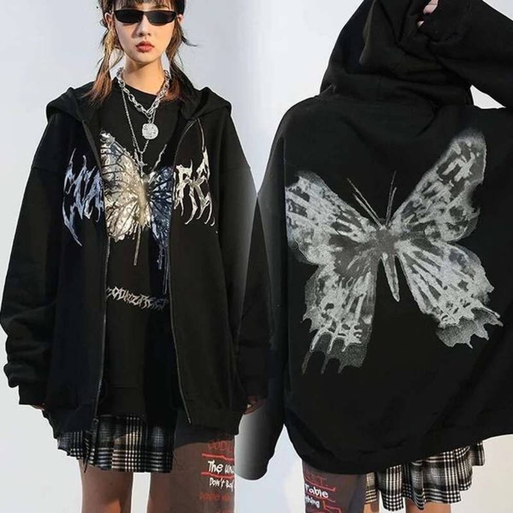 traf autumn hooded zipper letter butterfly print and fleece