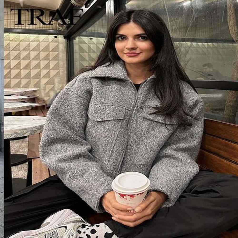 traf cropped jacket vinatge grey outerwearlong sleeve with pocket