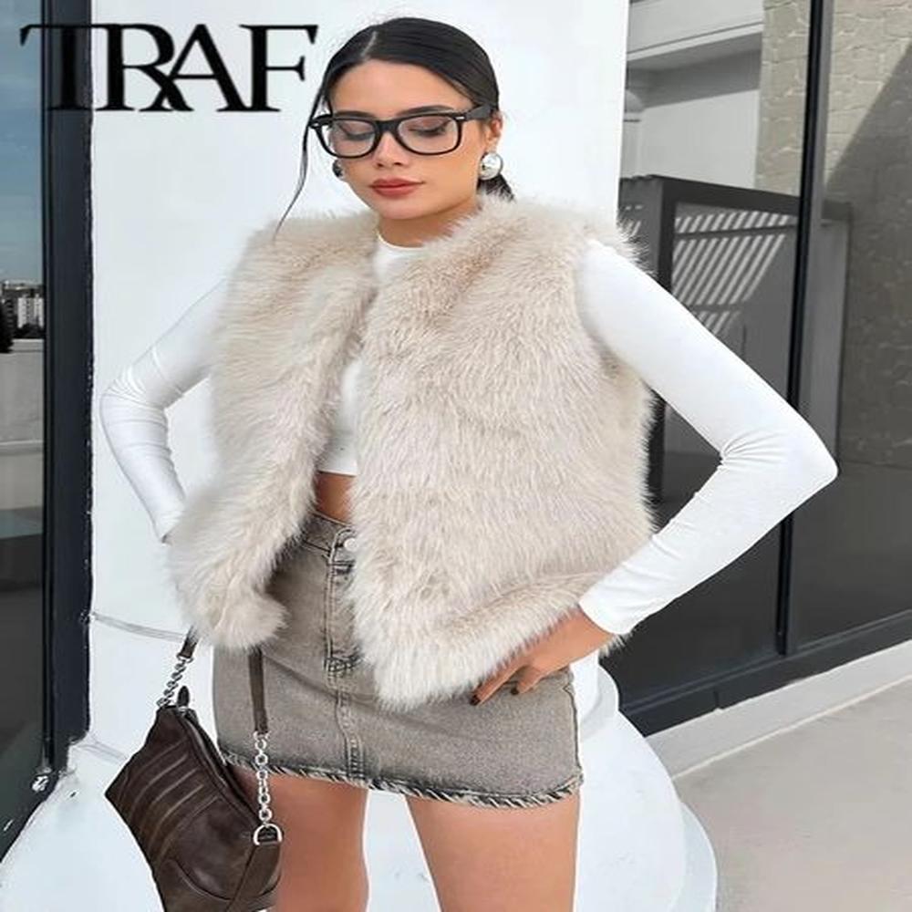 traf faux fur vests for women fashion fluffy sleeveless jackets