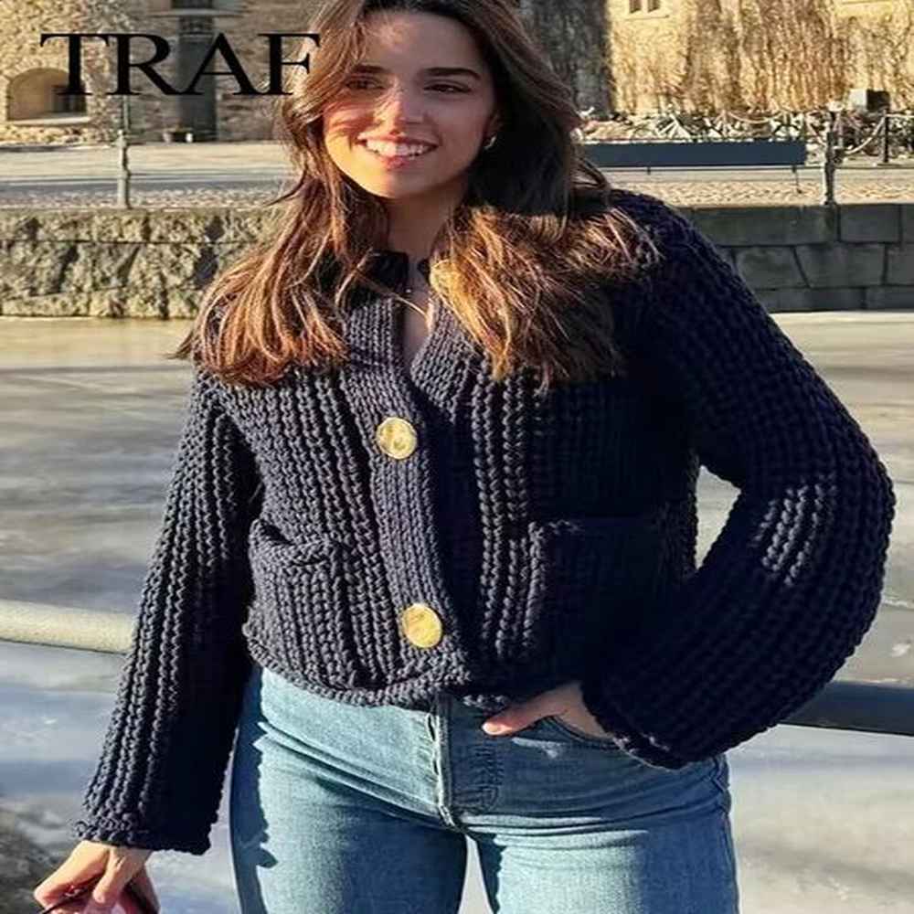 traf spring womans navy blue knitted sweater coats with