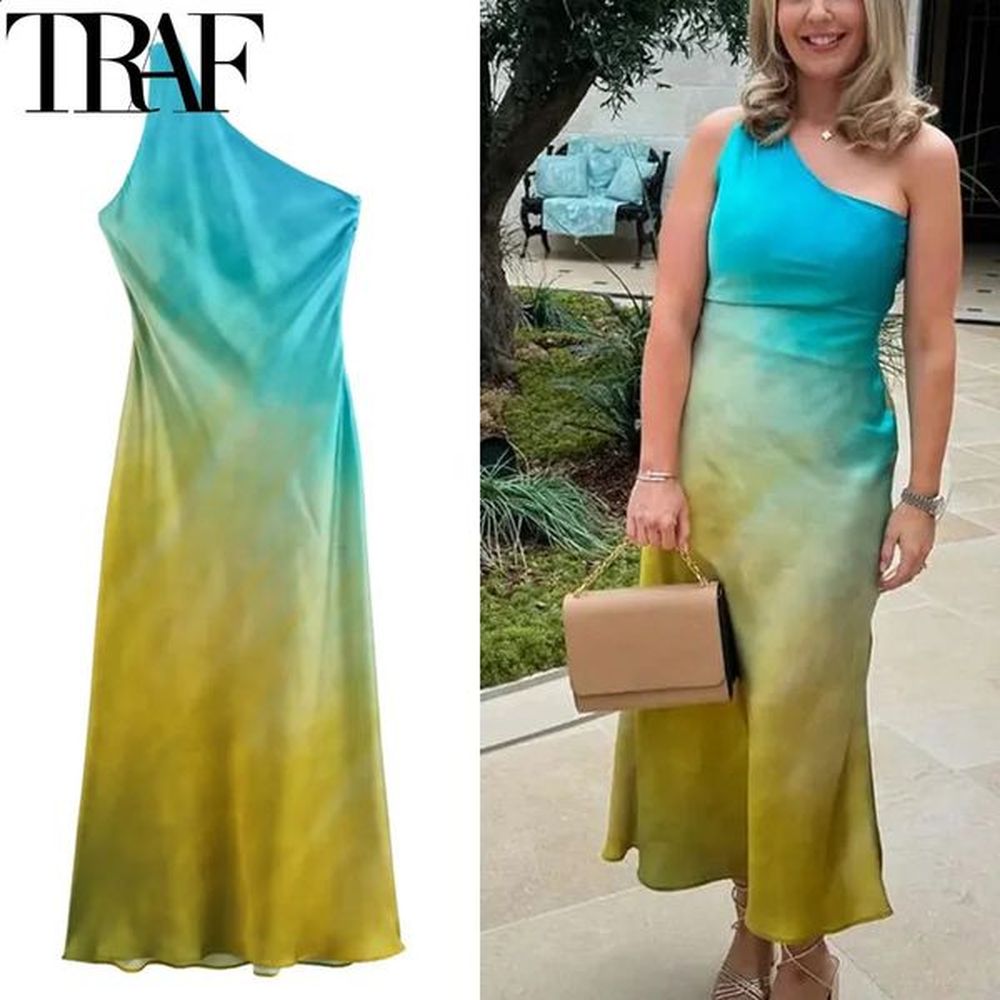 traf tie dye satin dress women asymmetric off shoulder midi