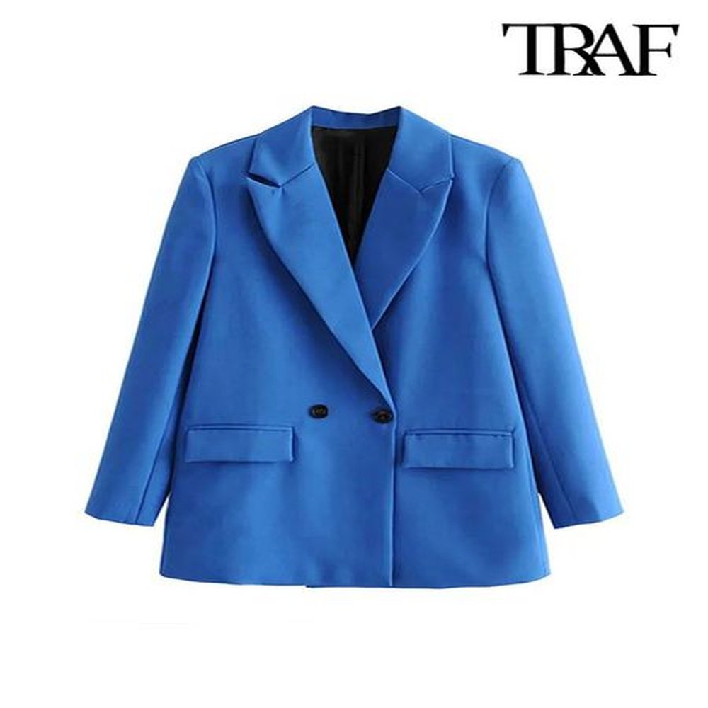 traf women chic office lady double breasted blazer vintage coat
