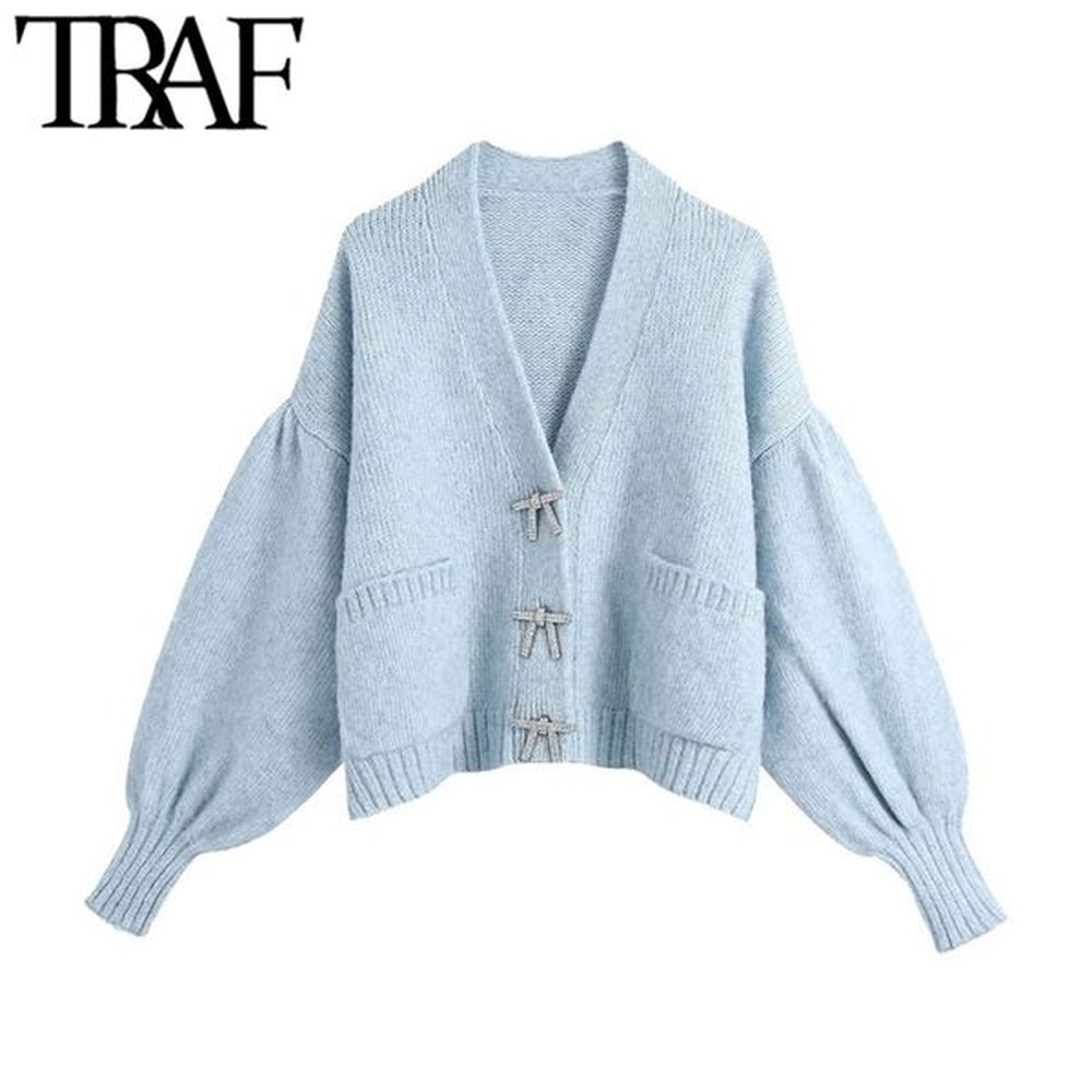 traf women fashion buttons loose knitted cardigan sweater vintage long
