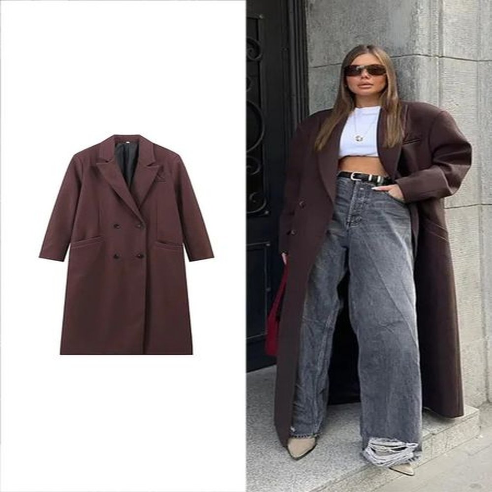 traf women fashion double breasted lapel wool coat elegant long