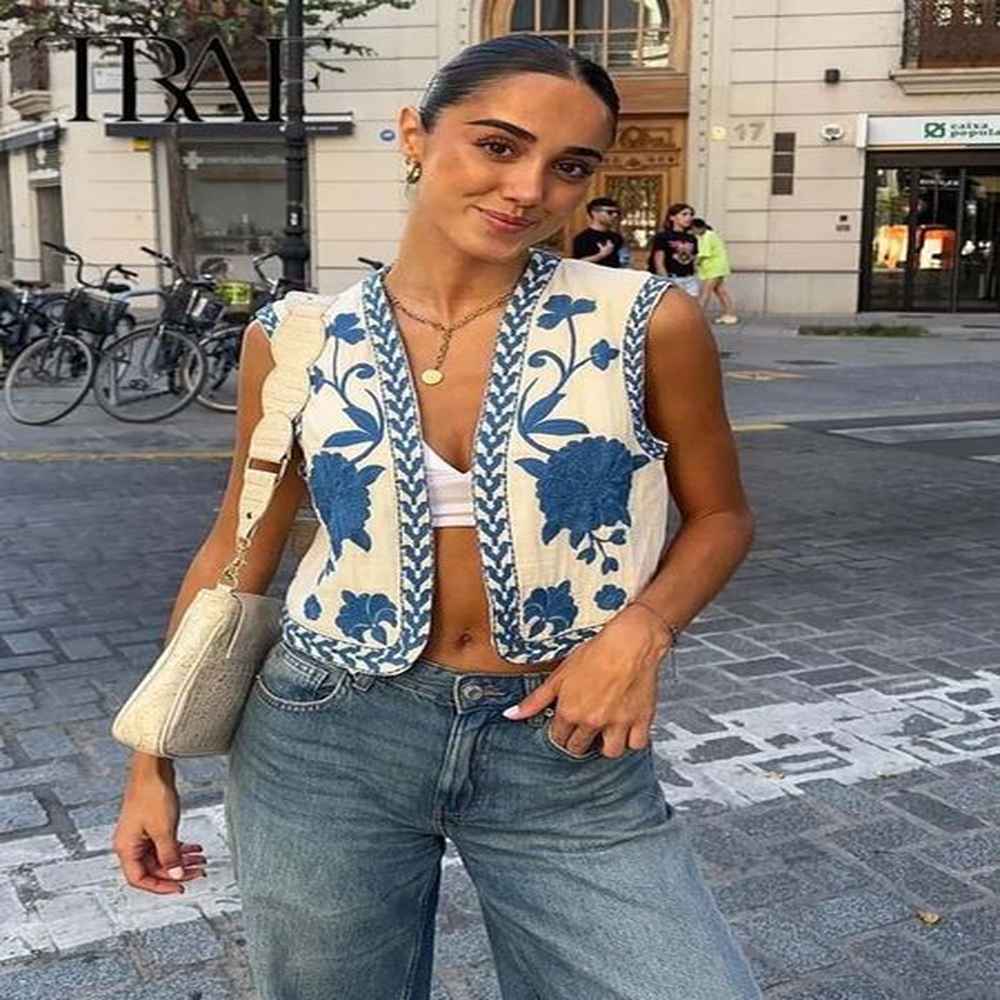 traf women fashion floral embroidery vest vintage sleeveless waistcoat