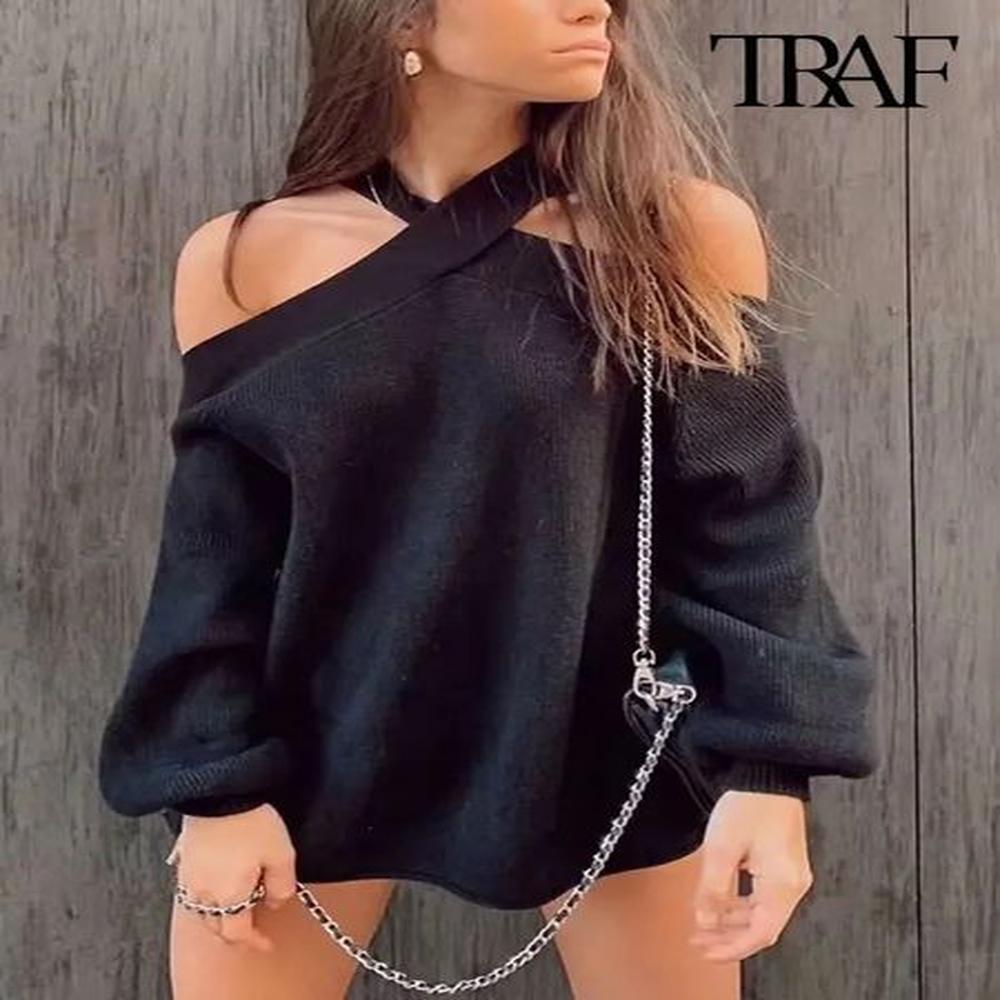 traf women fashion loose knit halterneck sweater sexy off shoulder