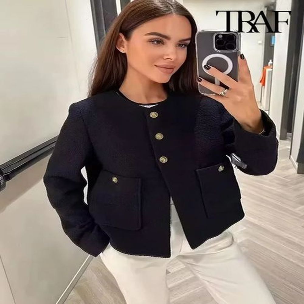 traf women fashion with pockets tweed jack coat vintage long