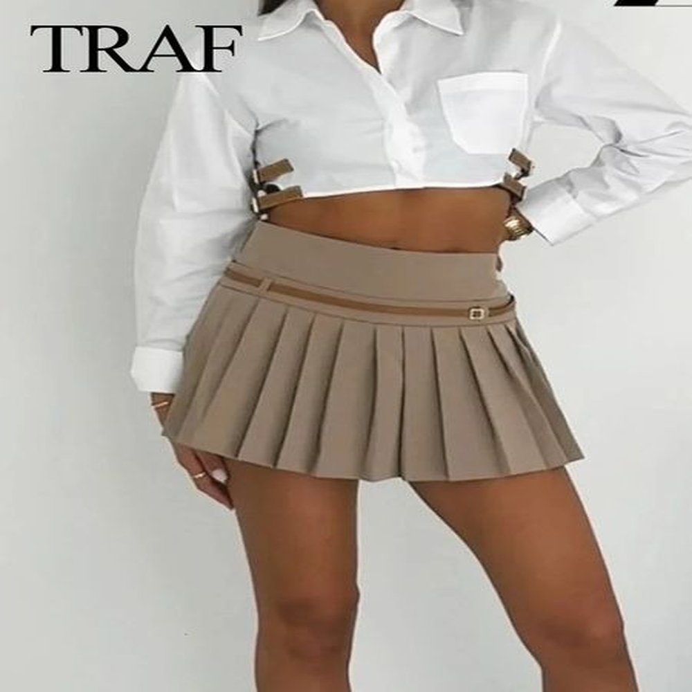 traf women spring casual with belt solid pleated side