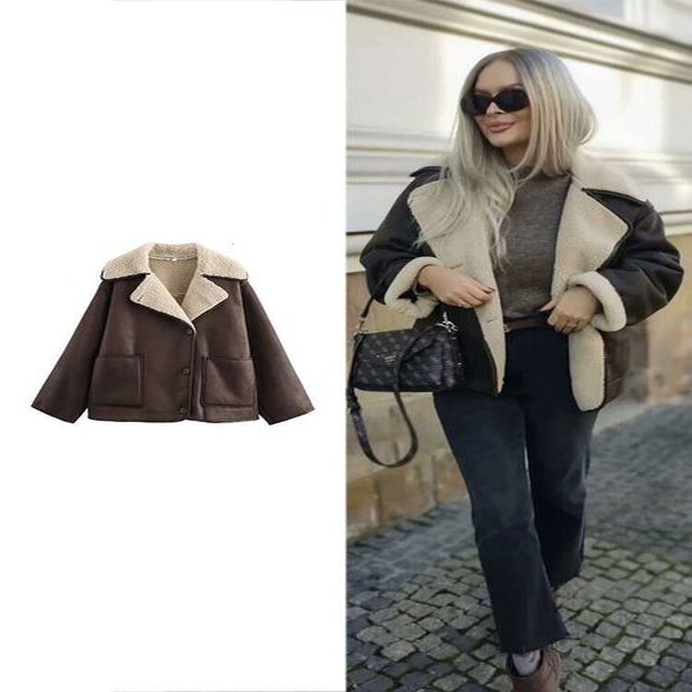 traf womens fashion retro khaki faux leather warm thickened autumn