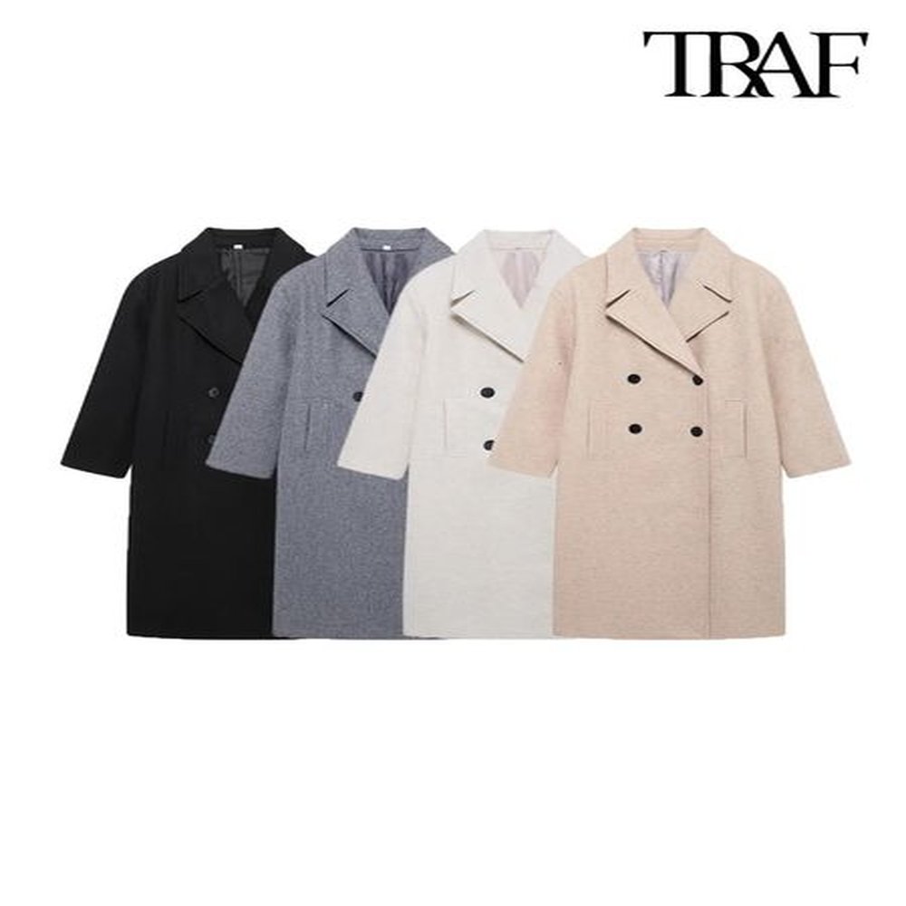 trafwomens double breasted loose woolen coat lapel collar long sleeve