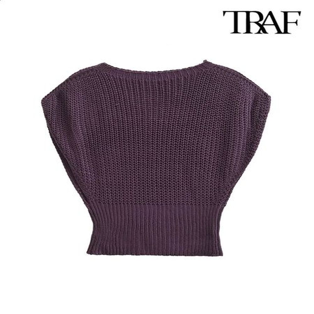 trafwomens fitted hem knit vest sweater wide o neck sleeveless