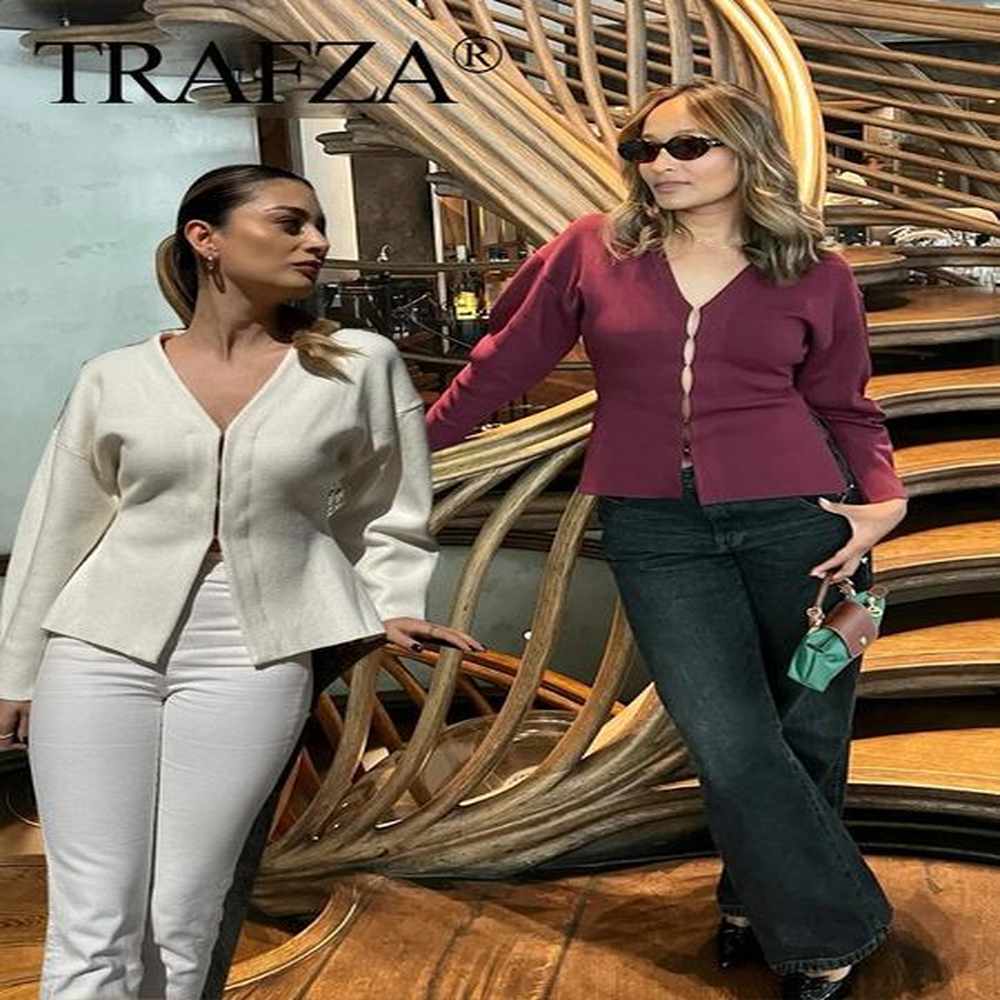 trafza autumn women elegant texture solid colors covered button cardigan