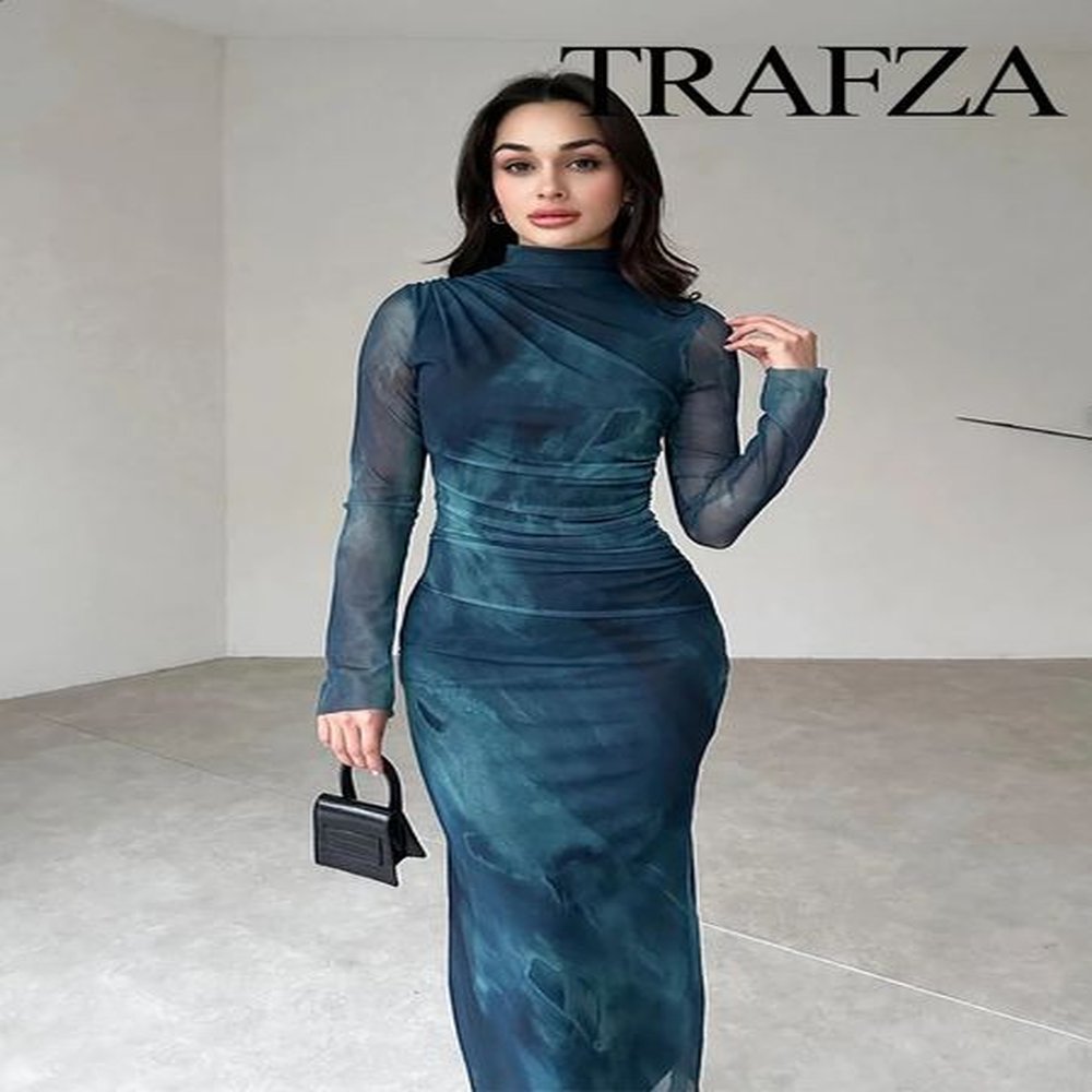 trafza autumn womens fashion printed chiffon slim fit dress with
