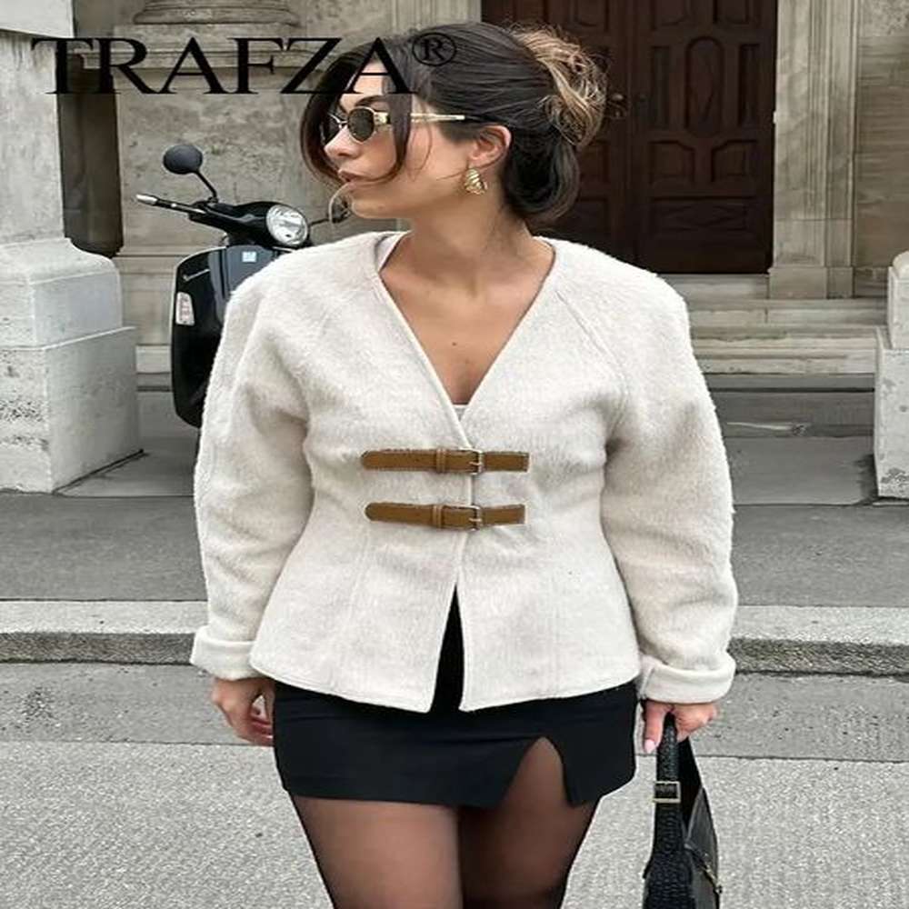 trafza retro leather buckle woolen coat women fashion solid v