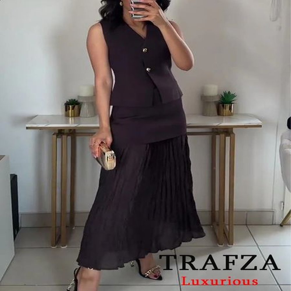 trafza vintage chic women knitted suit vneck sleeveless single breasted