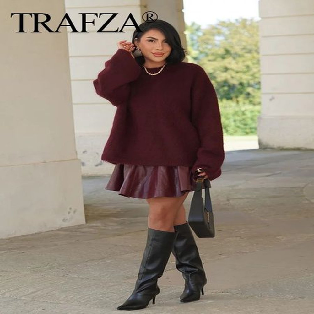 trafza winter womens burgundy long sleeve floral casual oneck loose