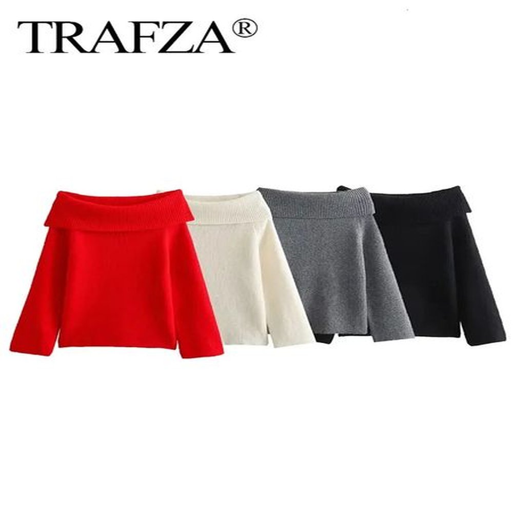 trafza women fashion solid off shoulder sweater long sleeve knitted