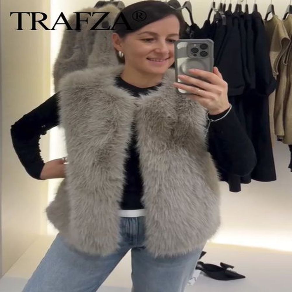 trafza women faux mink fur vest solid grey sleeveless vest