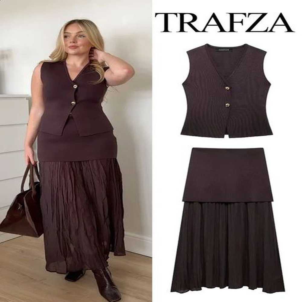 trafza women piece set chic vneck sleeveless button knitted