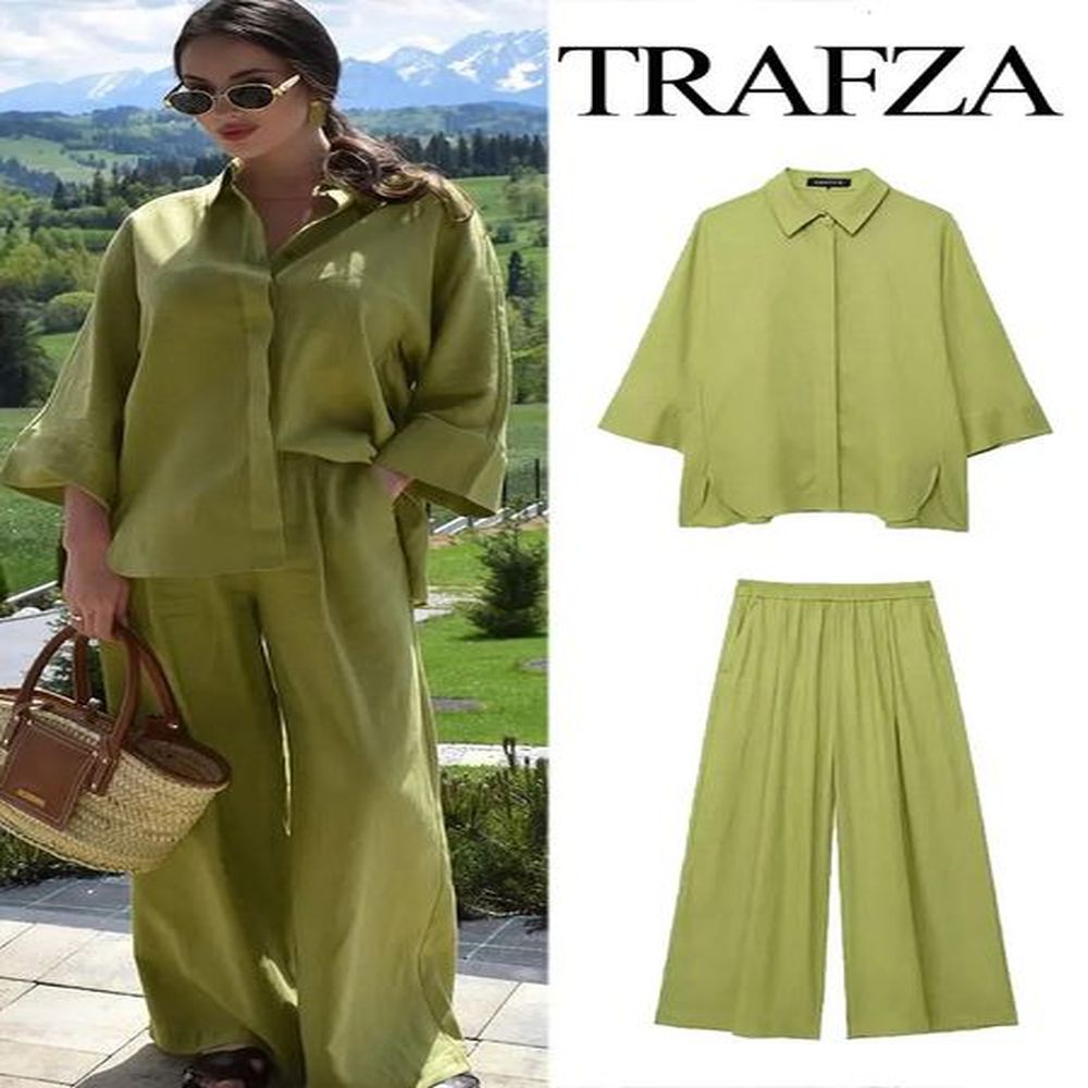 trafza women piece set elastic waist pocket folds