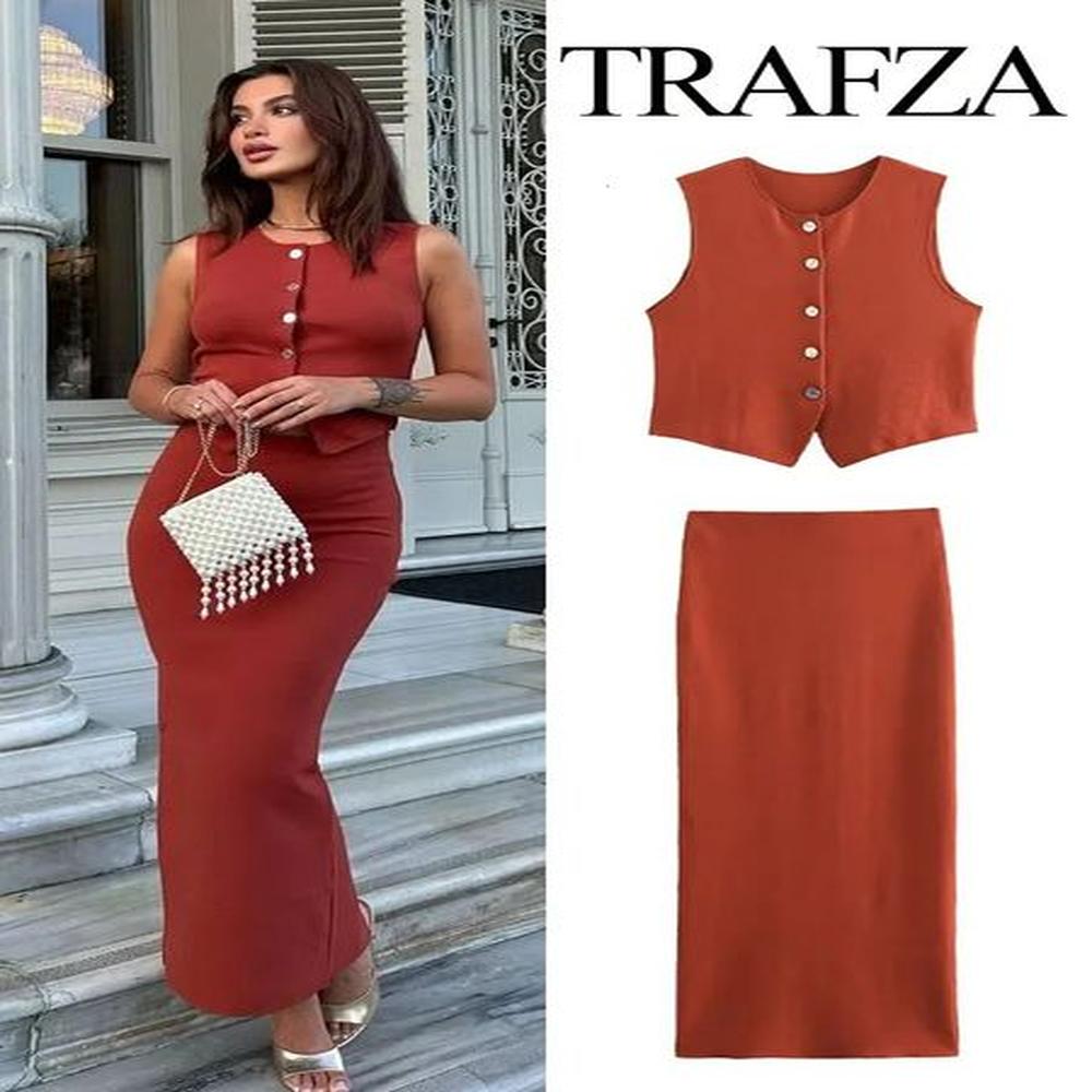 trafza women piece set solid oneck sleeveless single breasted