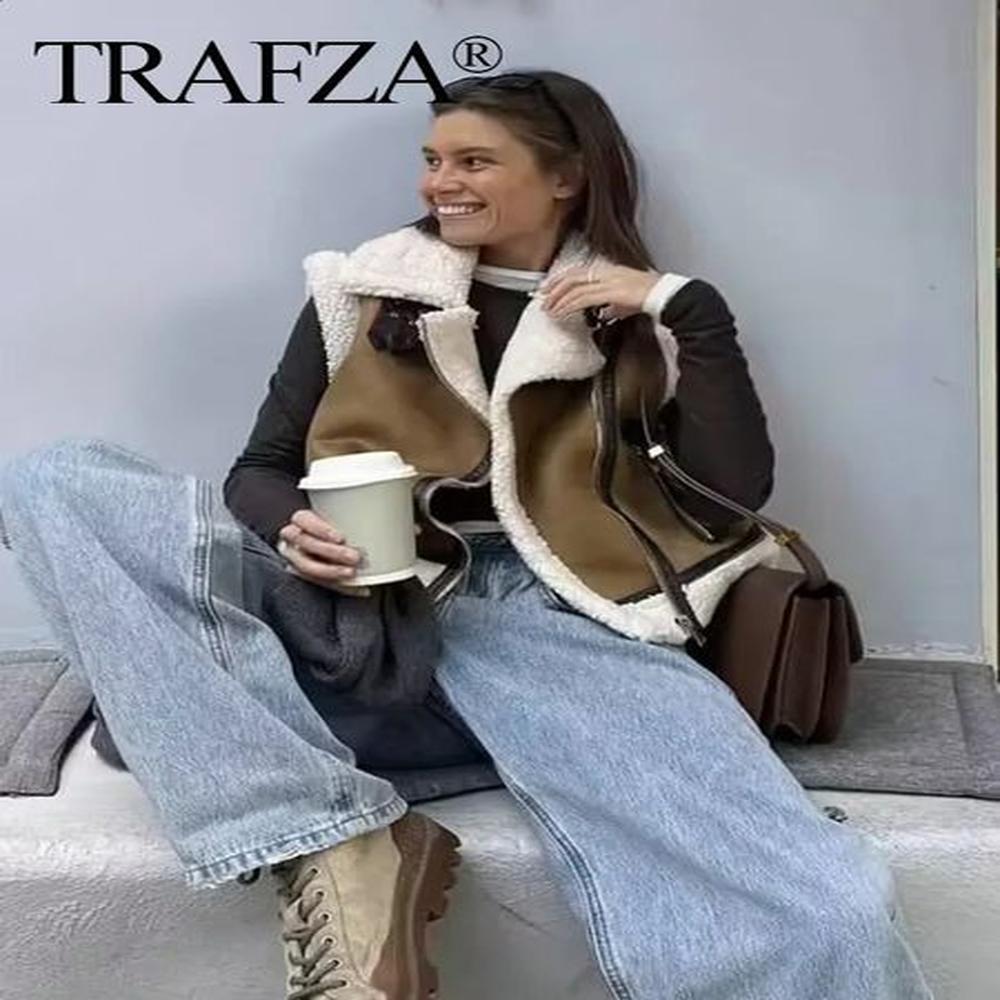 trafza womens fashion brown fleece vest patchwork zipper warm